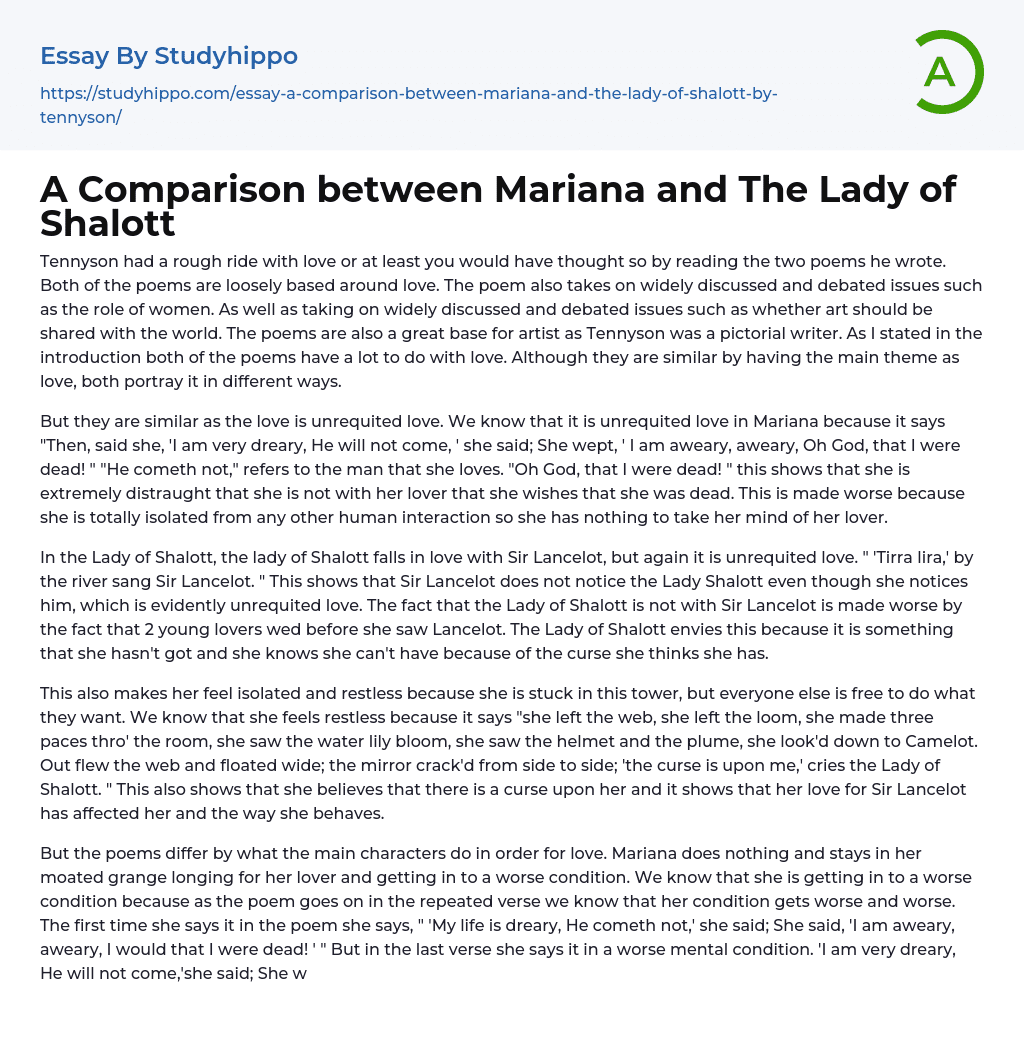 A Comparison between Mariana and The Lady of Shalott Essay Example