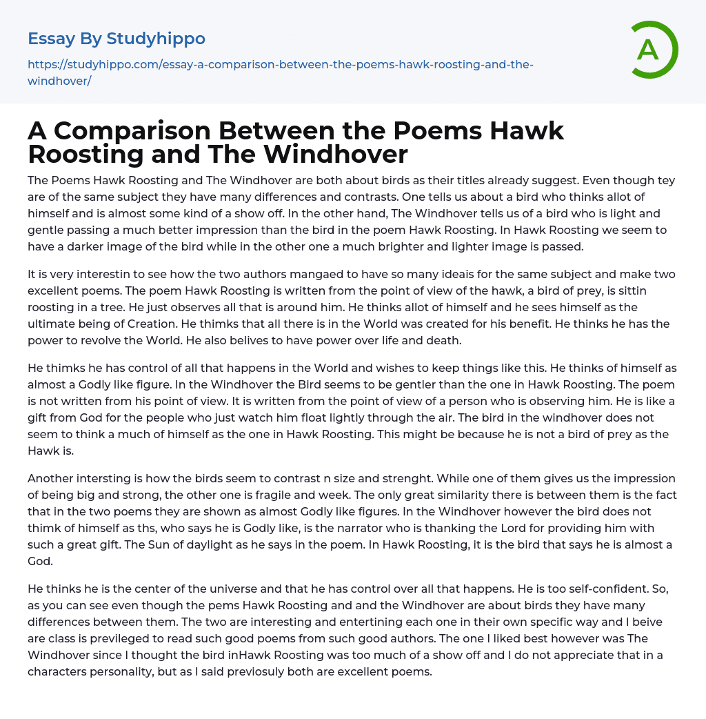 A Comparison Between the Poems Hawk Roosting and The Windhover Essay Example
