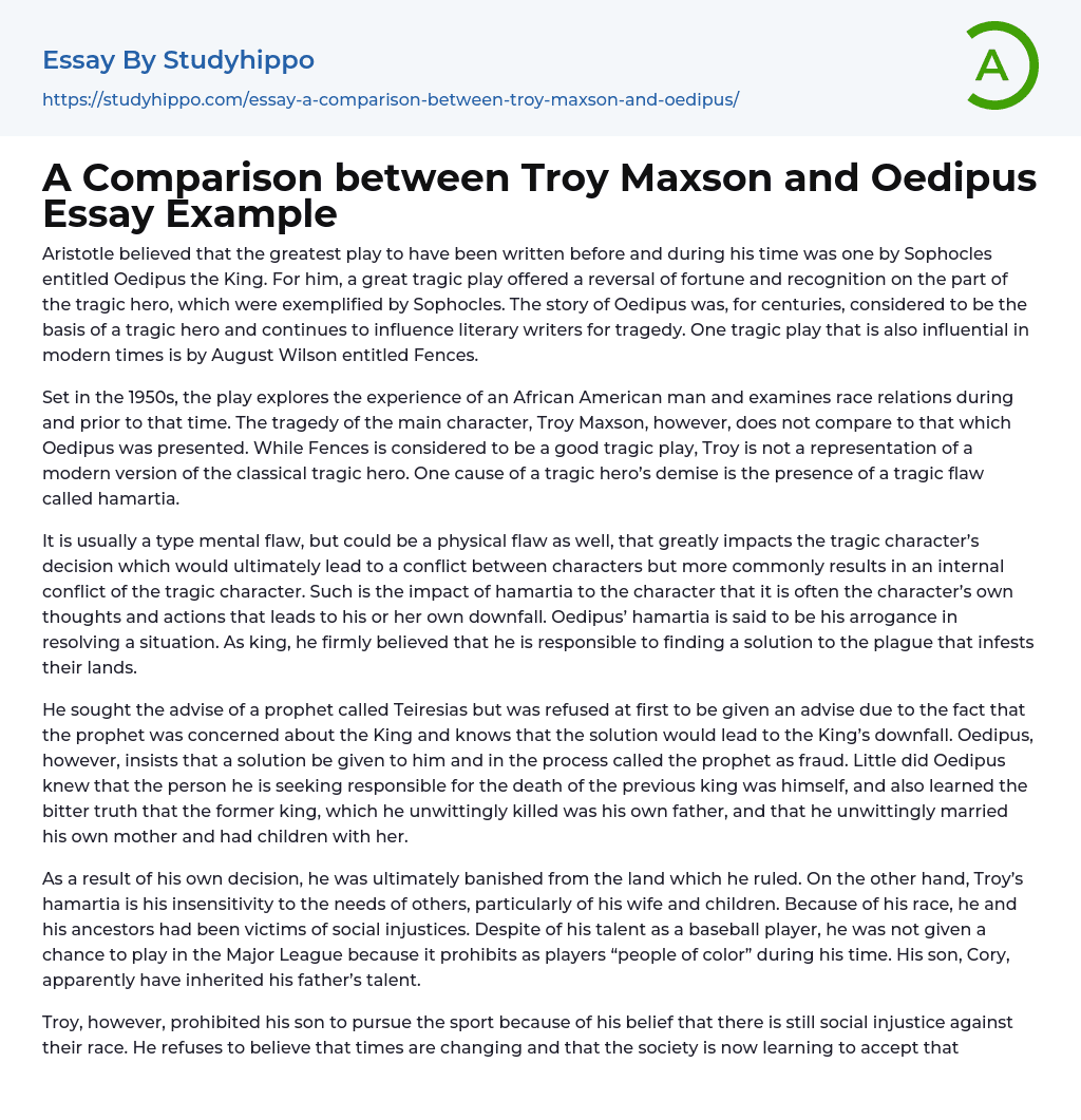 A Comparison between Troy Maxson and Oedipus Essay Example