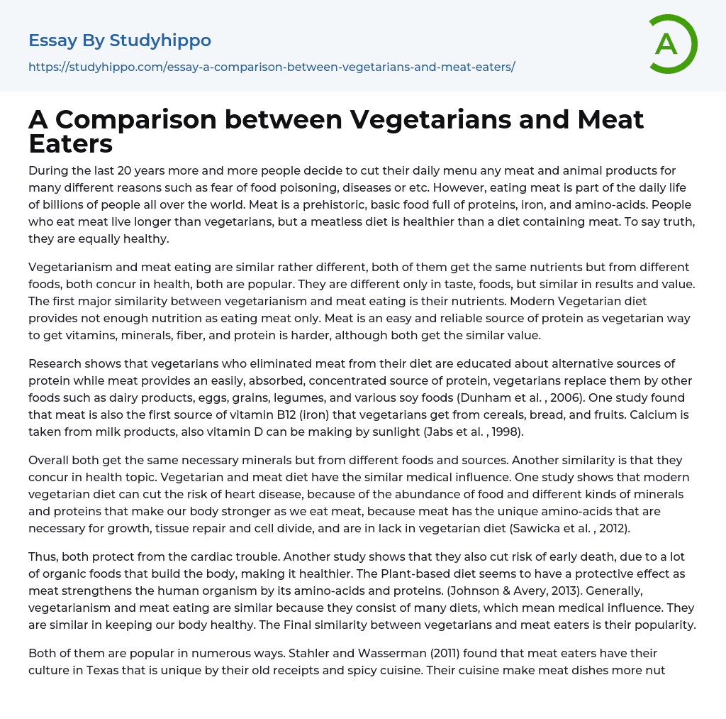A Comparison between Vegetarians and Meat Eaters Essay Example