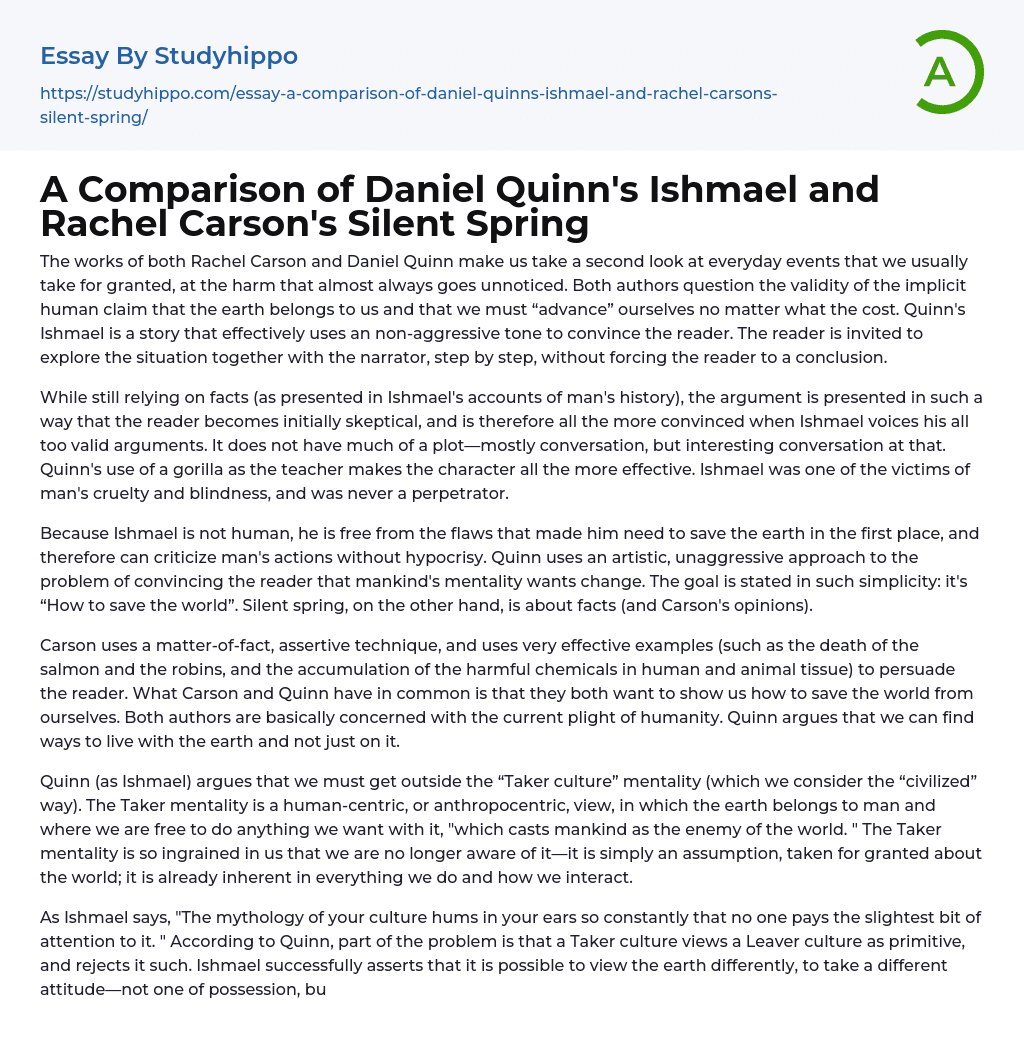 A Comparison of Daniel Quinn’s Ishmael and Rachel Carson’s Silent Spring Essay Example