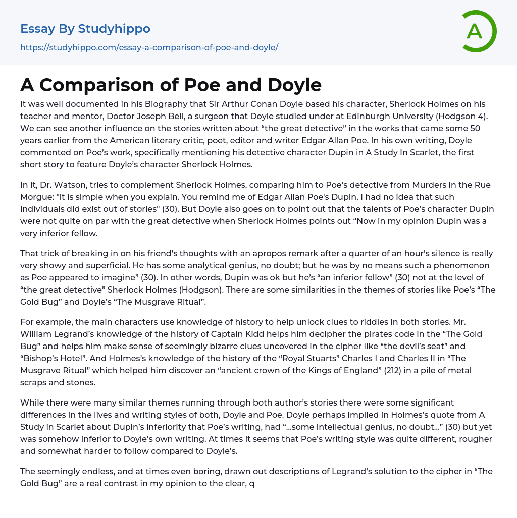 A Comparison of Poe and Doyle Essay Example