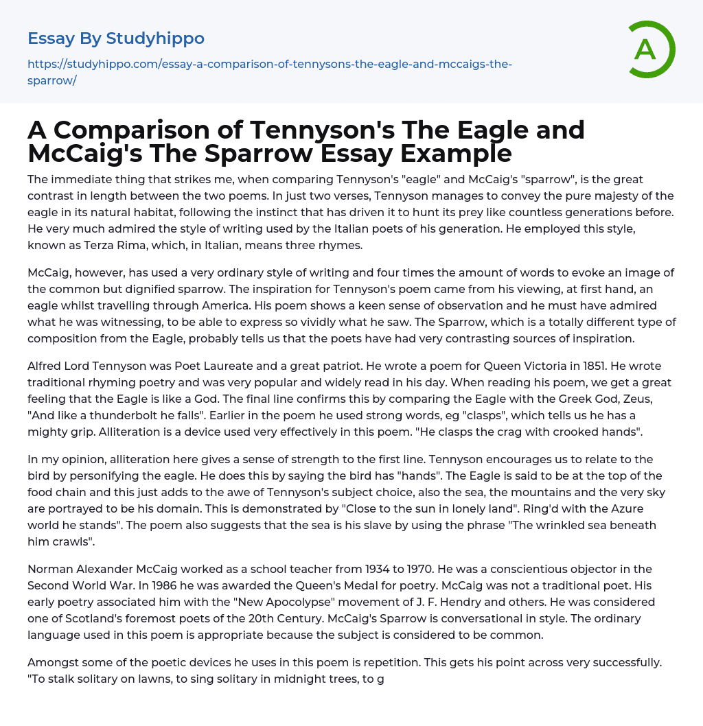 A Comparison of Tennyson’s The Eagle and McCaig’s The Sparrow Essay Example