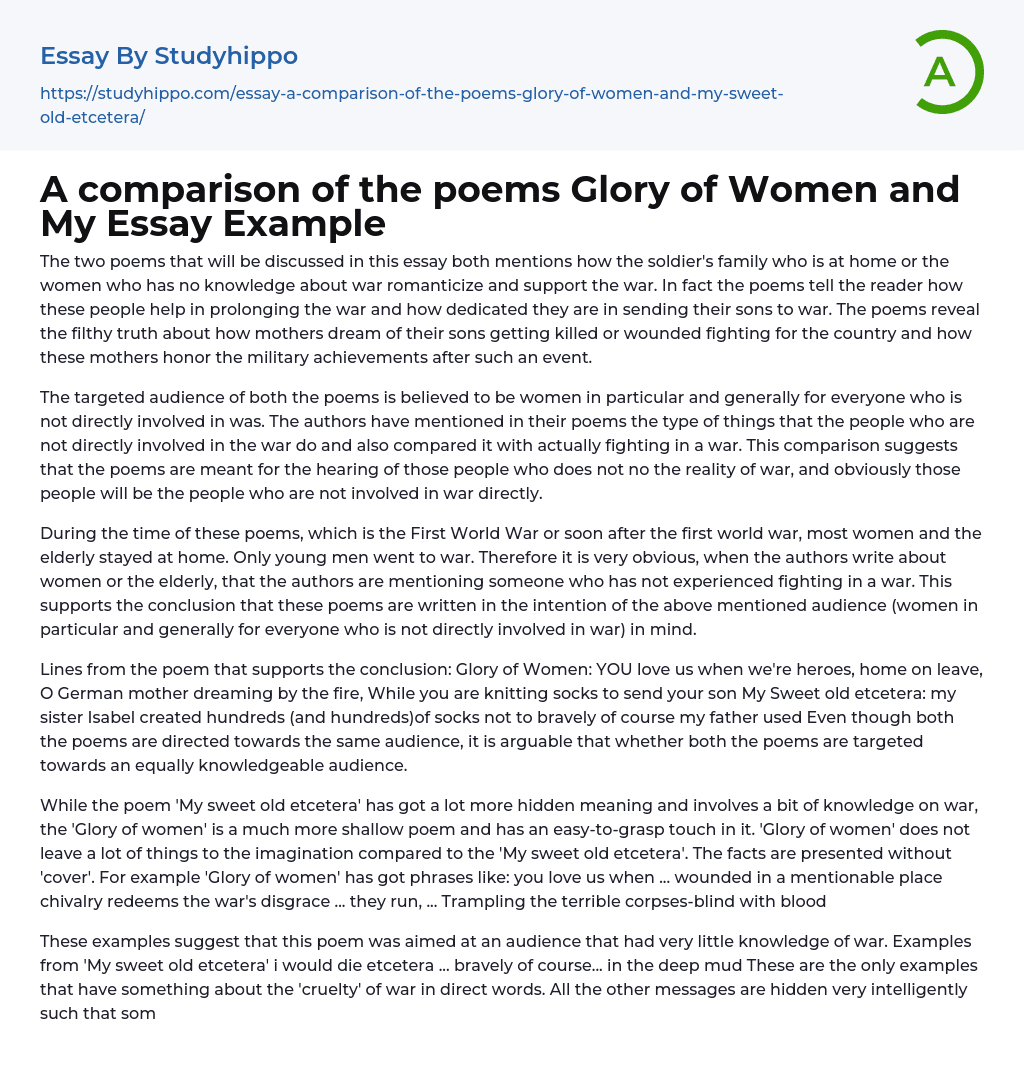 A comparison of the poems Glory of Women and My Essay Example