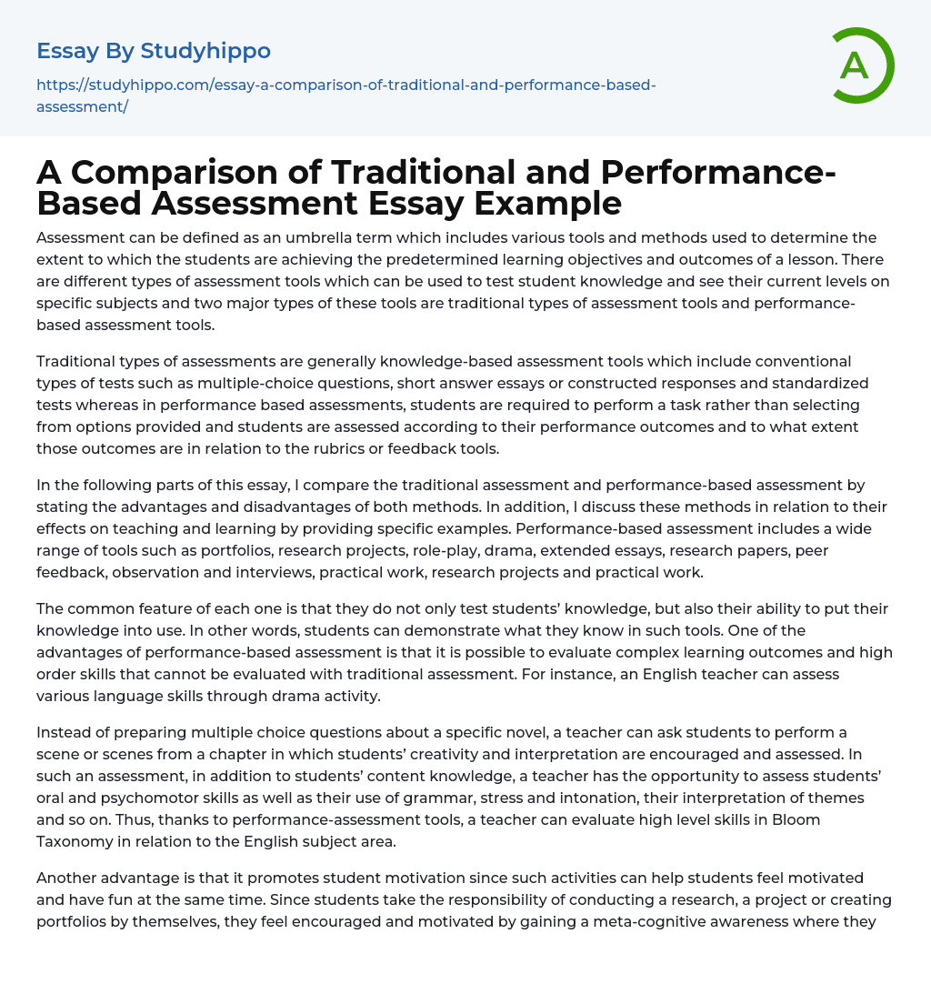 A Comparison of Traditional and Performance-Based Assessment Essay Example