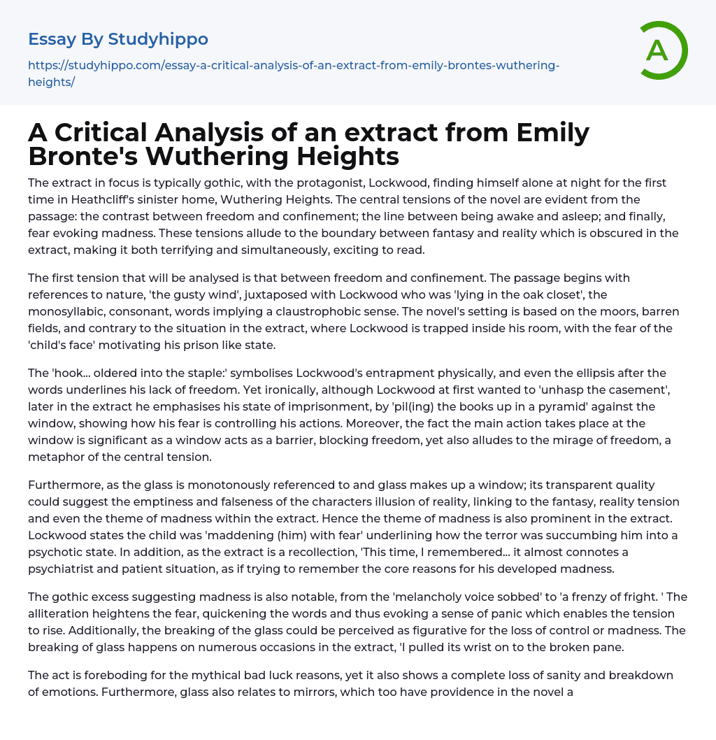 A Critical Analysis of an extract from Emily Bronte’s Wuthering Heights Essay Example