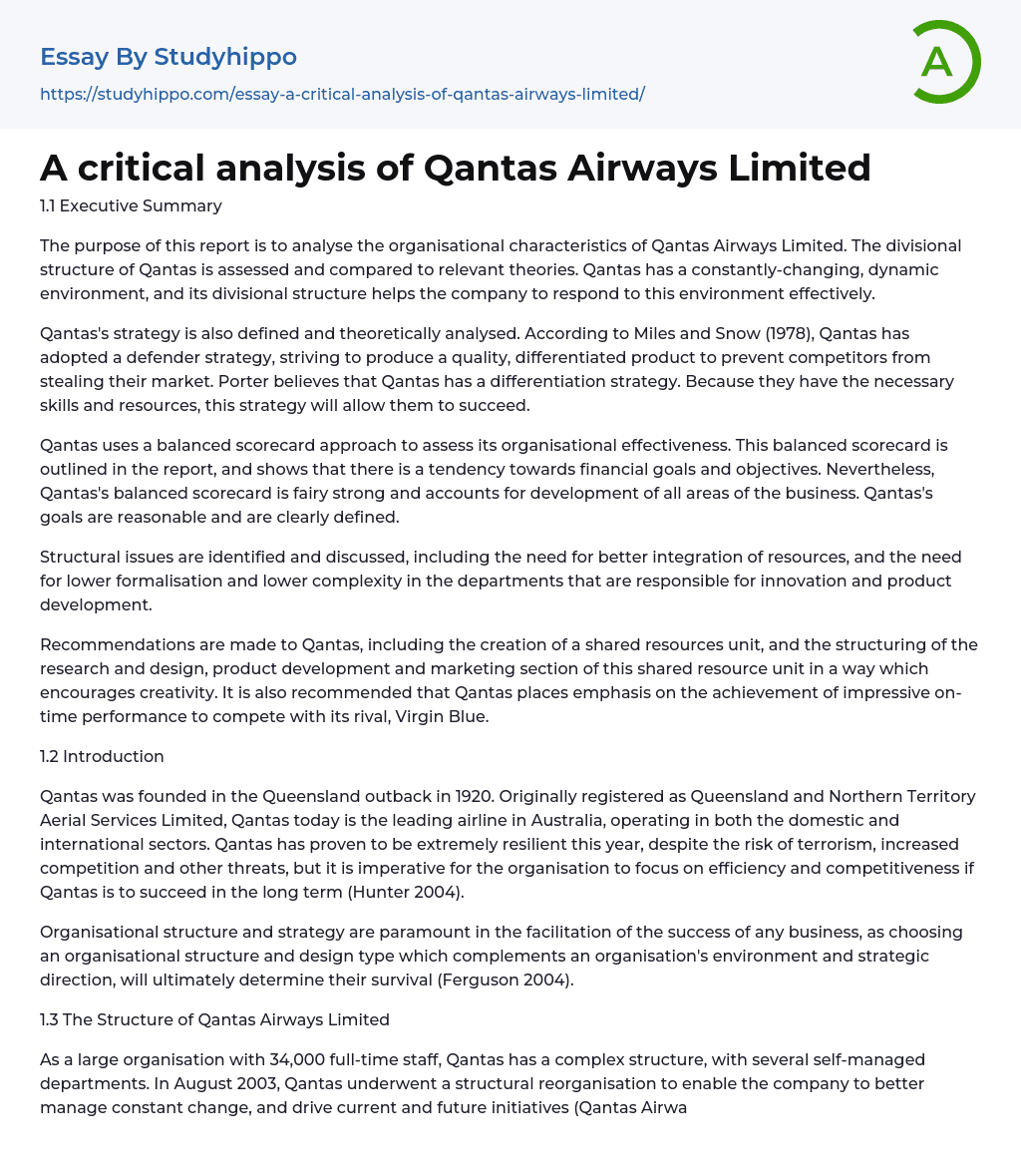 A critical analysis of Qantas Airways Limited Essay Example