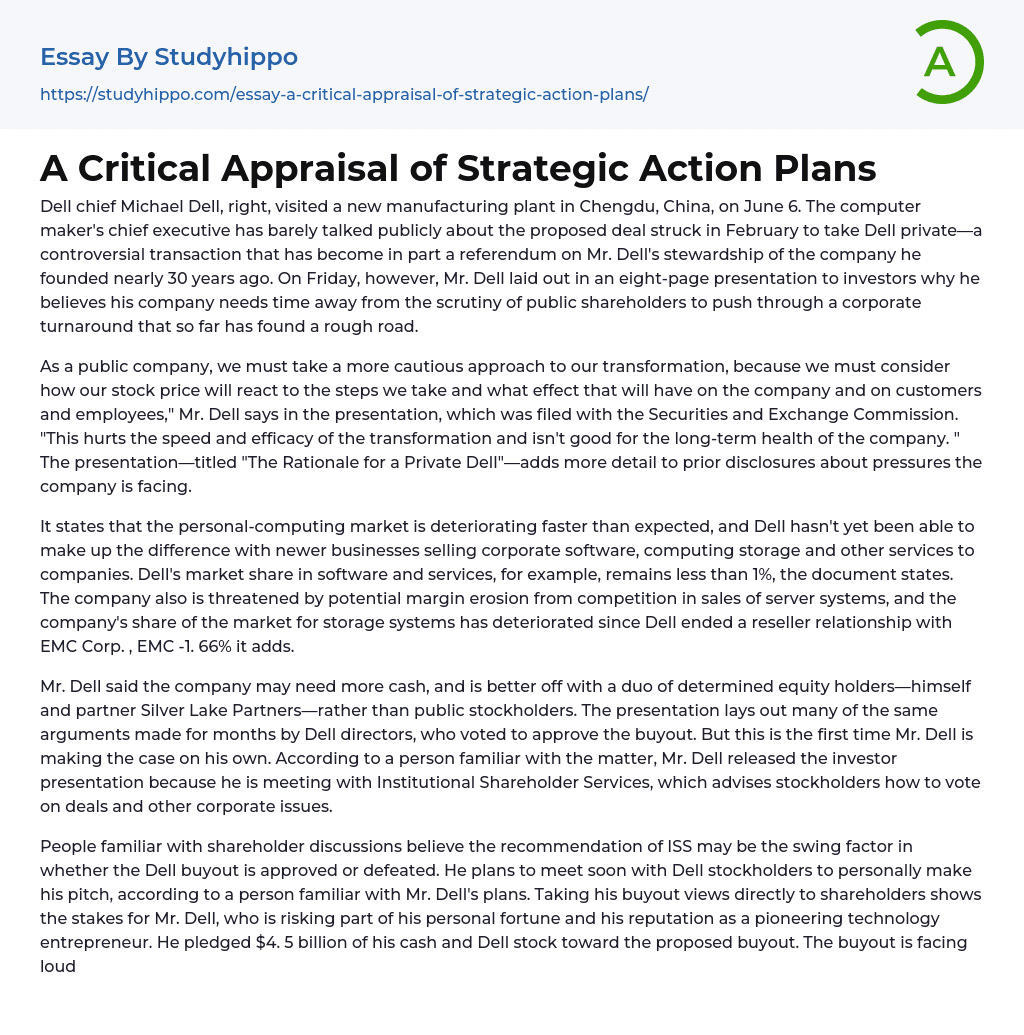 A Critical Appraisal of Strategic Action Plans Essay Example