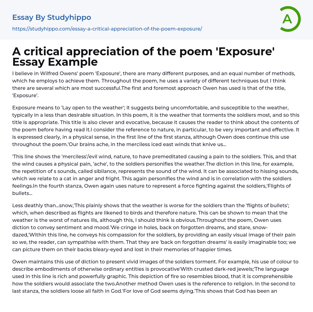 A critical appreciation of the poem ‘Exposure’ Essay Example