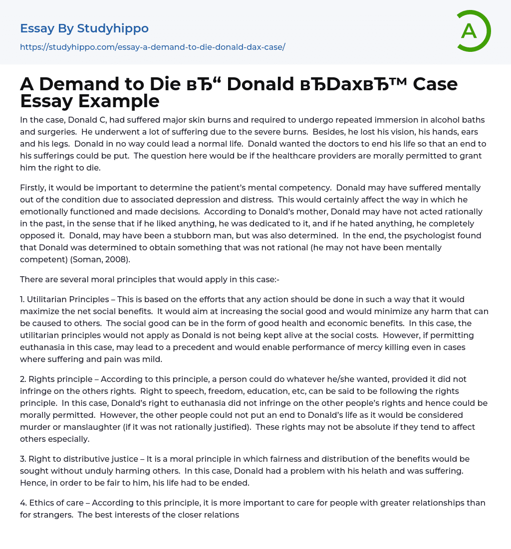 A Demand to Die Donald “Dax Case Essay Example