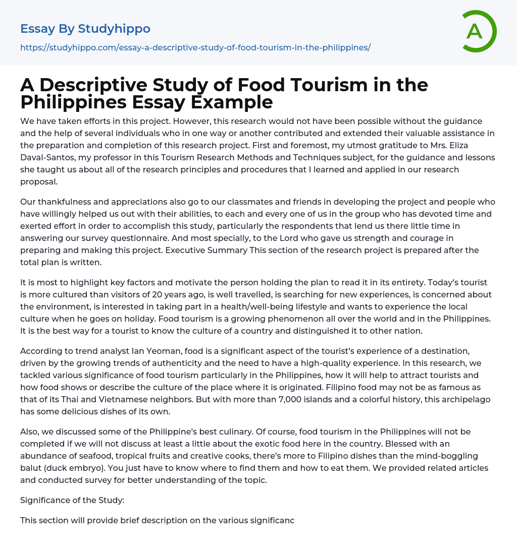 A Descriptive Study of Food Tourism in the Philippines Essay Example