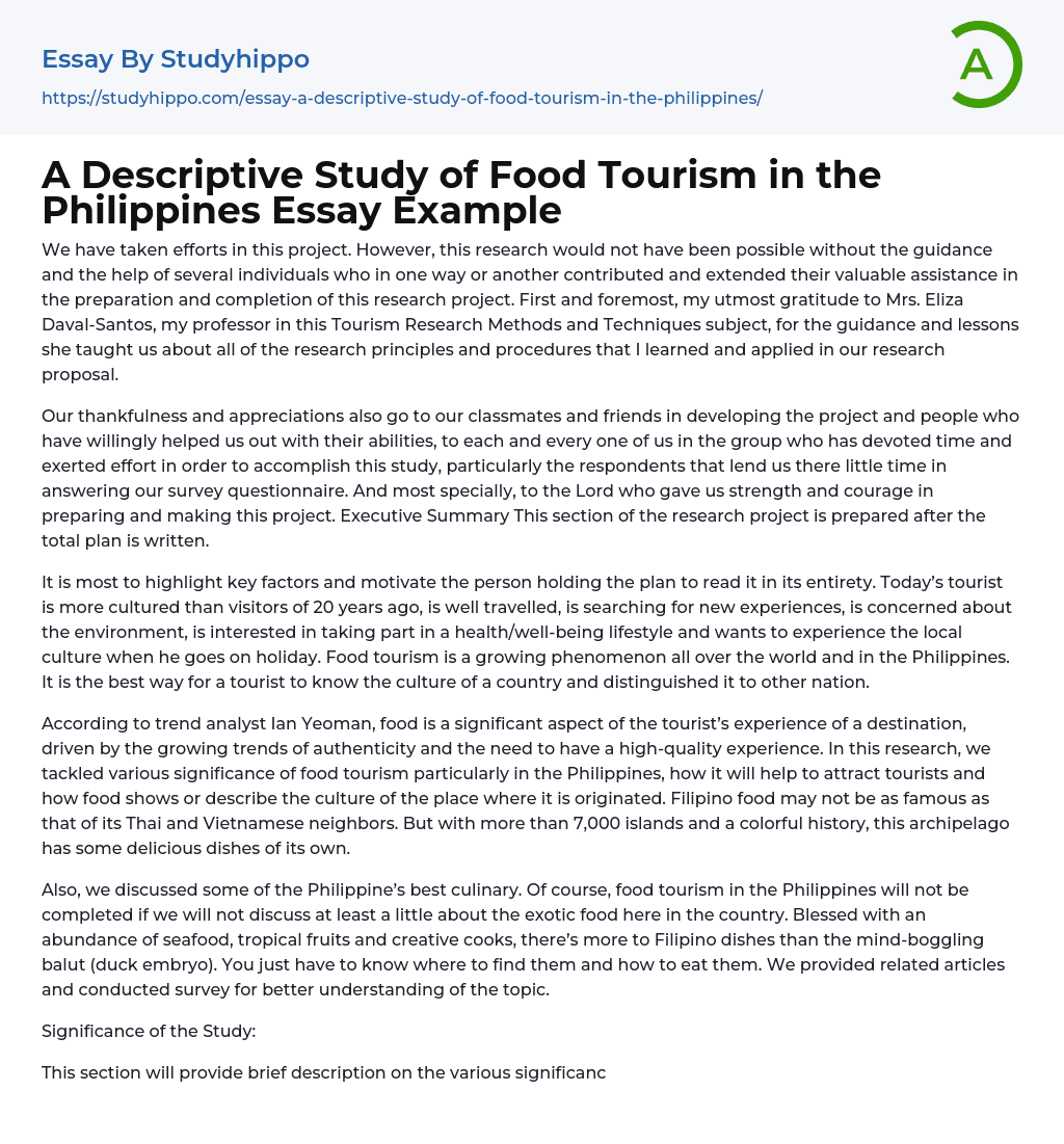 A Descriptive Study Of Food Tourism In The Philippines Essay Example 