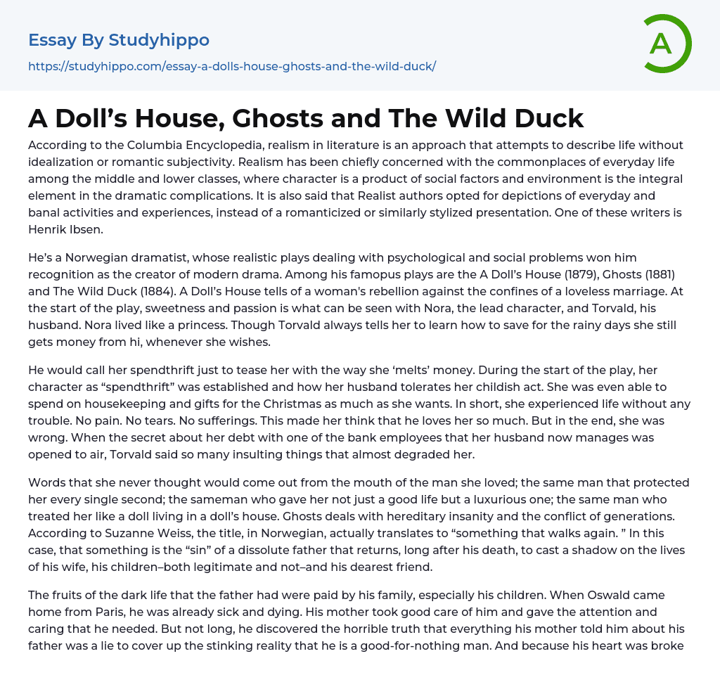 A Doll’s House, Ghosts and The Wild Duck Essay Example