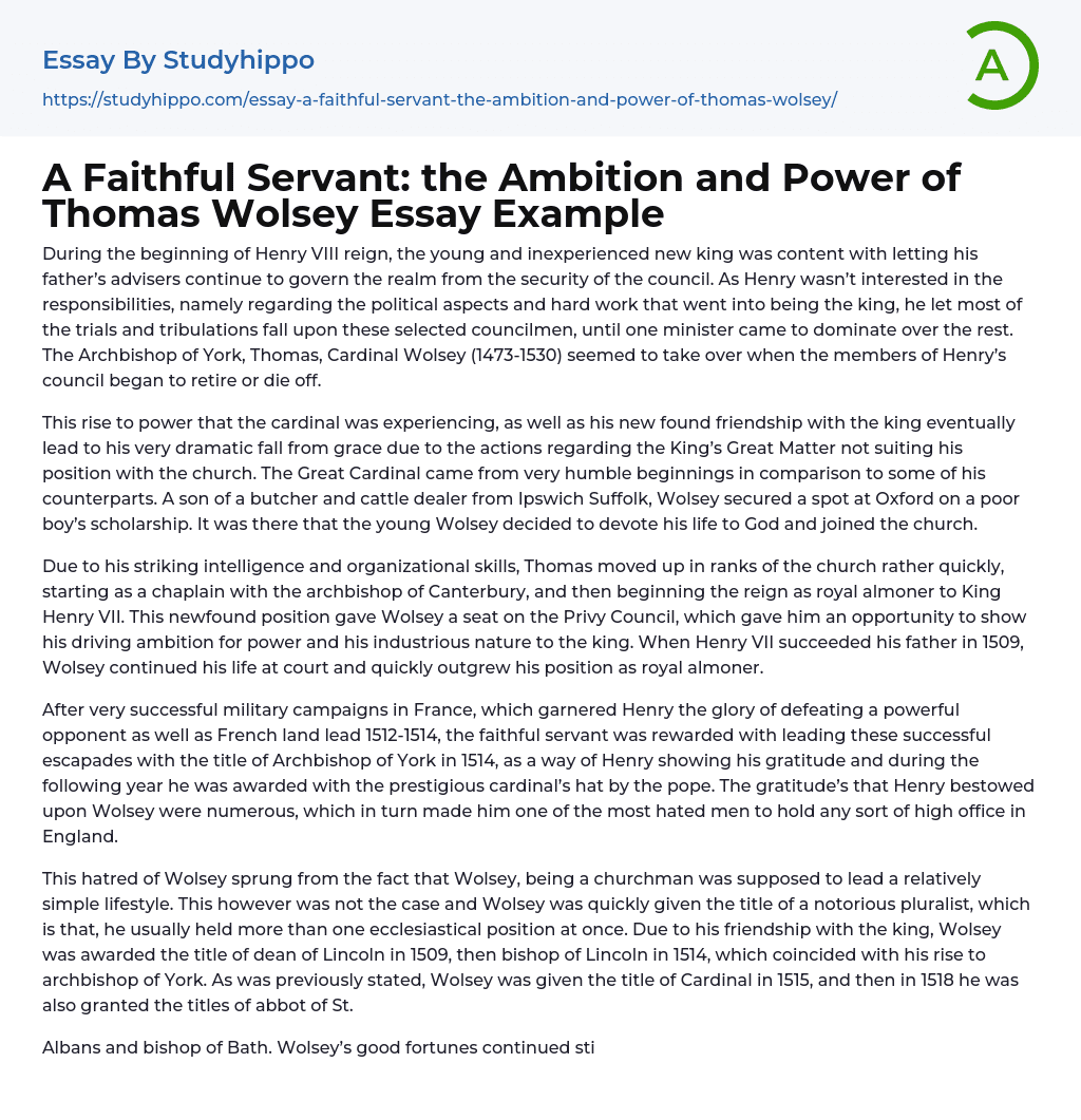A Faithful Servant: the Ambition and Power of Thomas Wolsey Essay Example