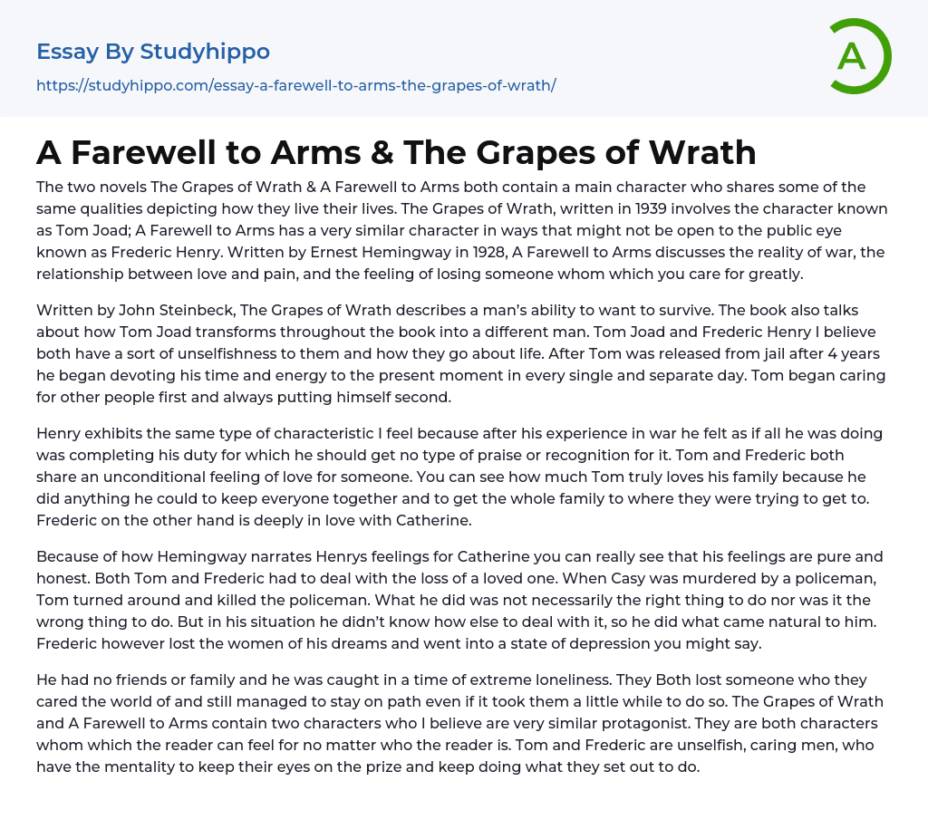 A Farewell to Arms & The Grapes of Wrath Essay Example
