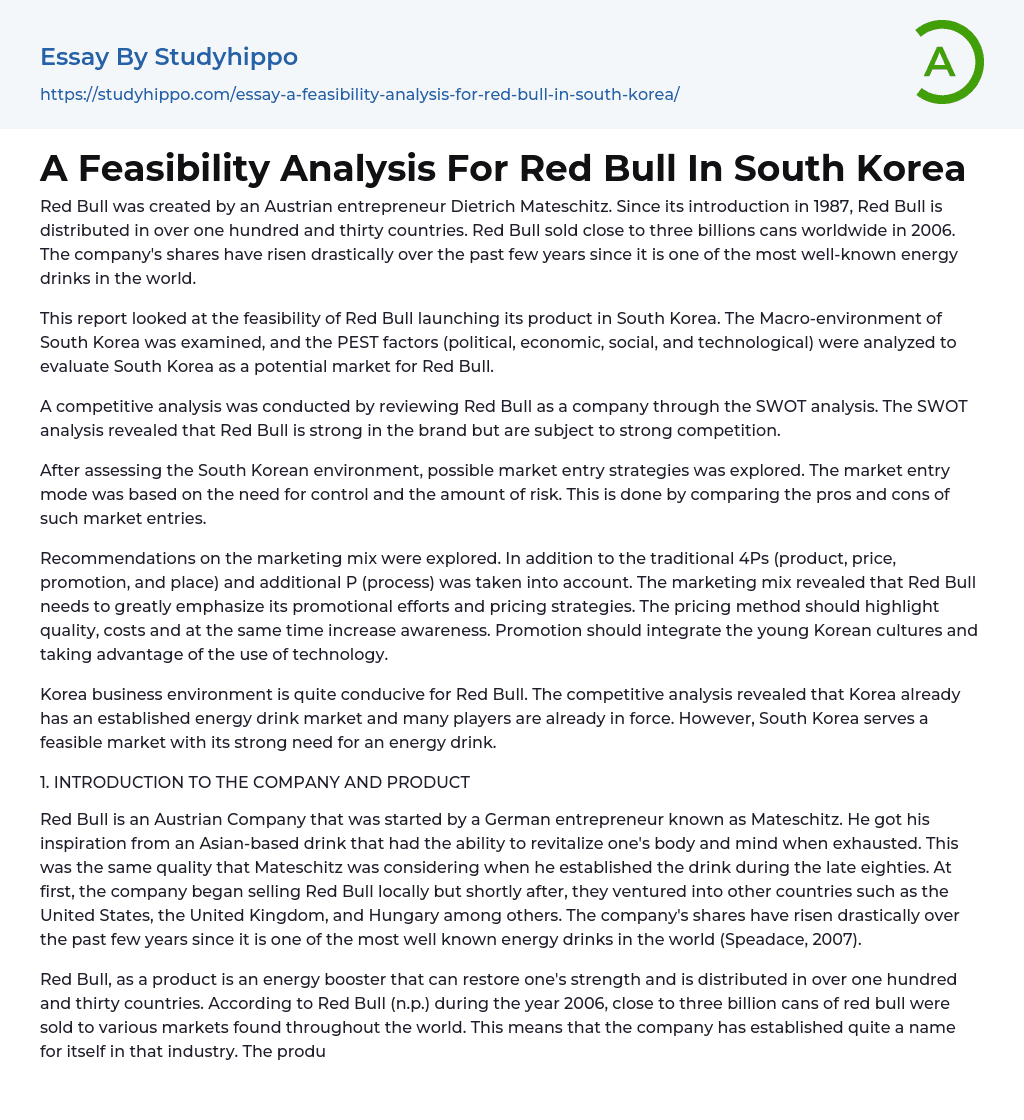 A Feasibility Analysis For Red Bull In South Korea Essay Example