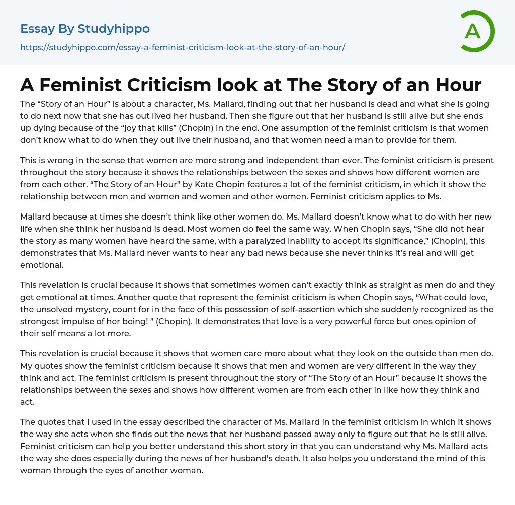 A Feminist Criticism look at The Story of an Hour Essay Example