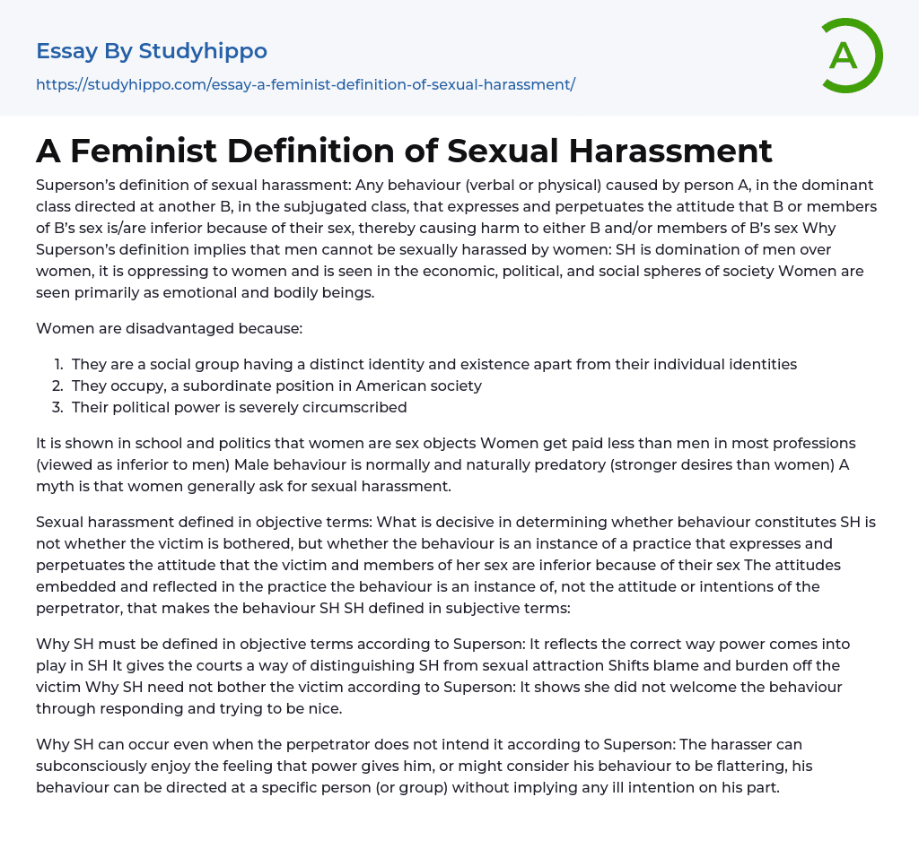 A Feminist Definition of Sexual Harassment Essay Example