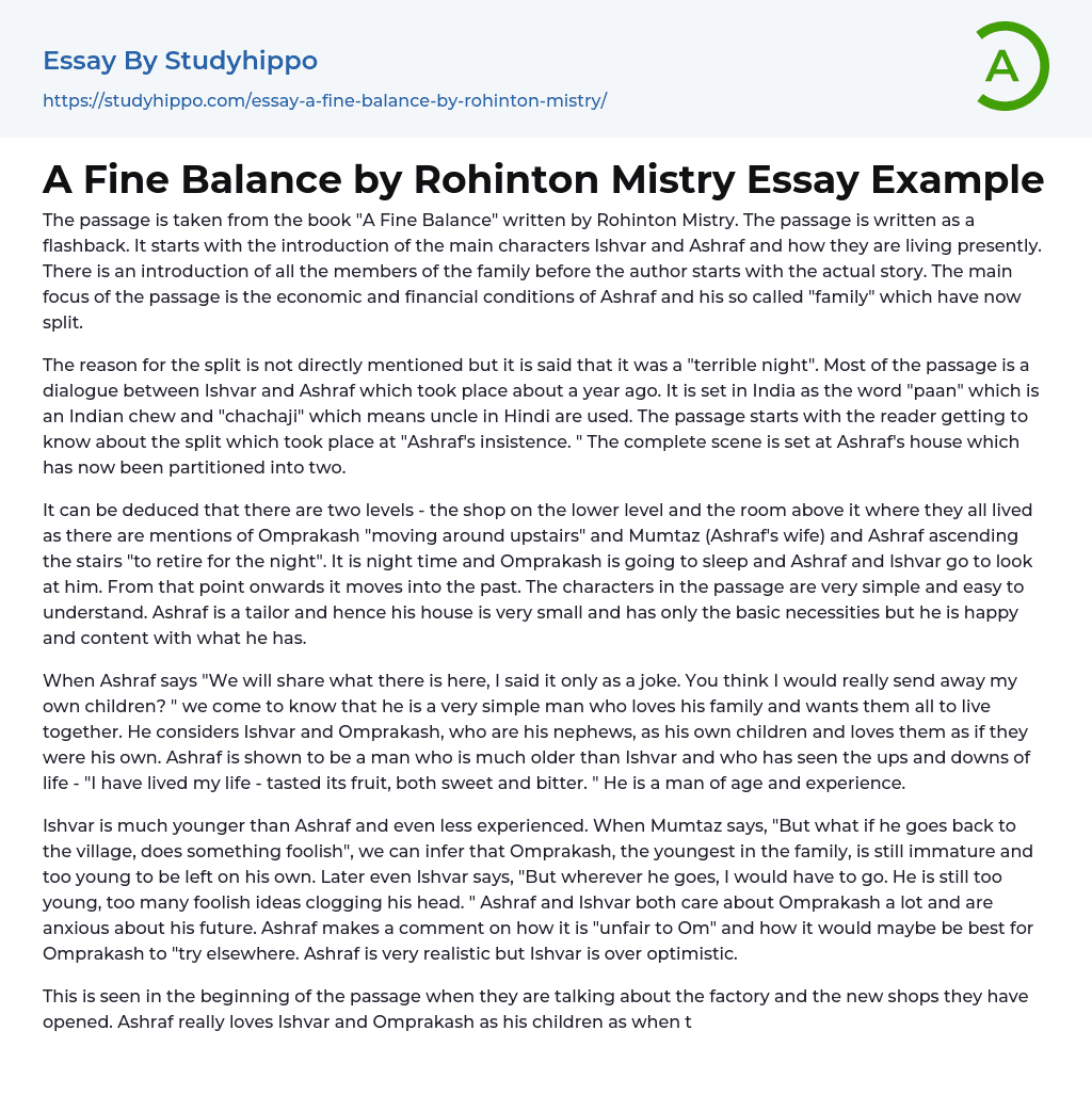 A Fine Balance by Rohinton Mistry Essay Example