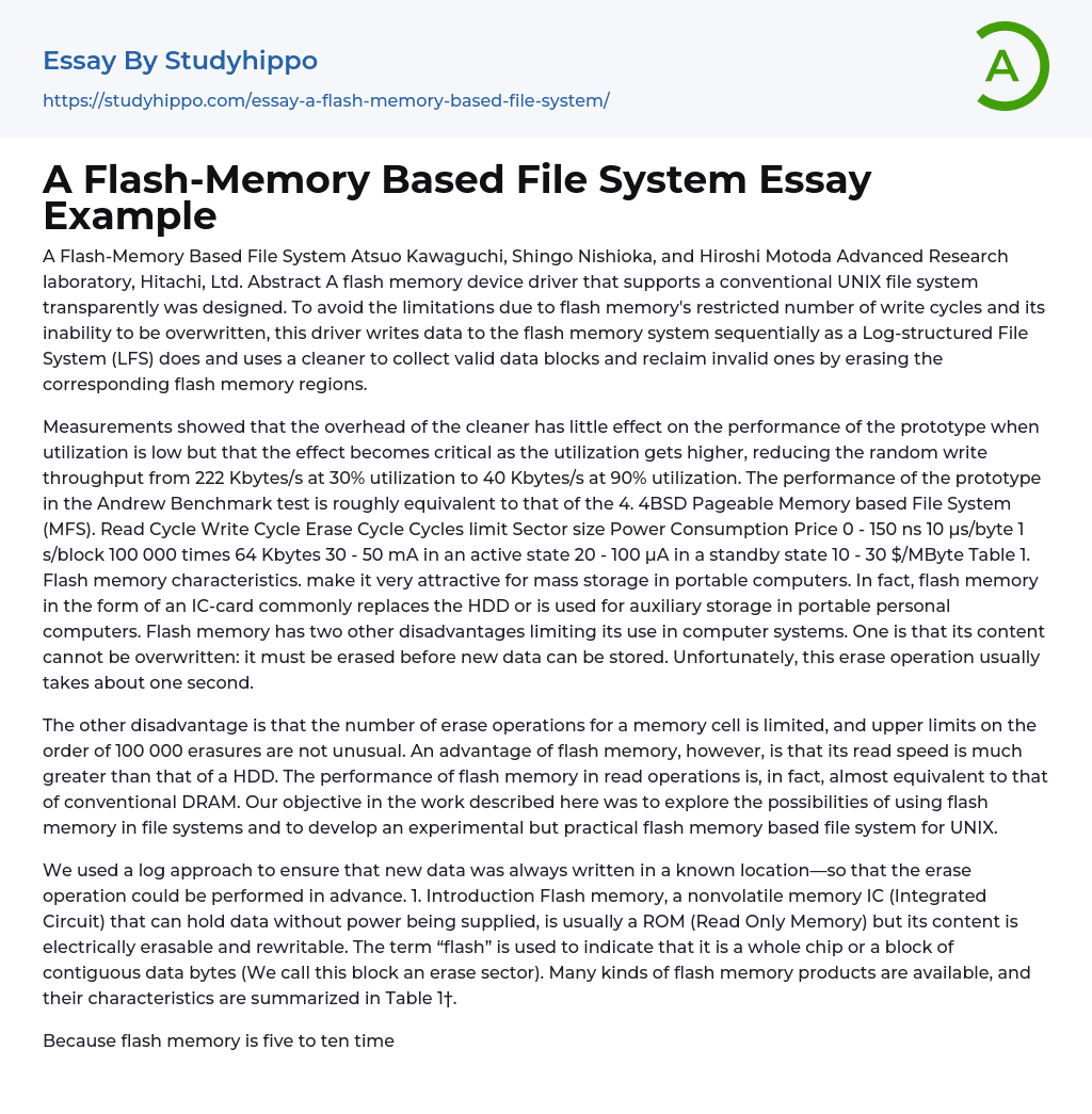 A Flash-Memory Based File System Essay Example