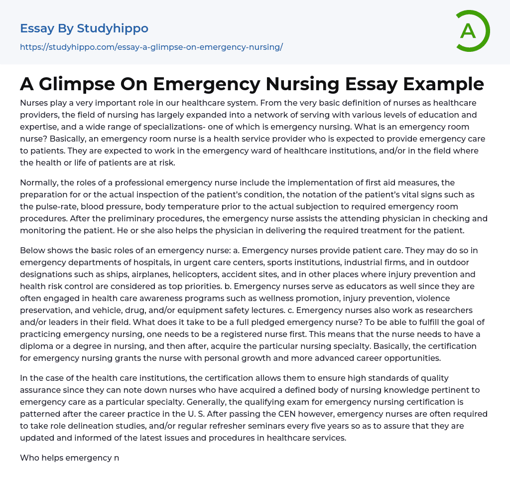 A Glimpse On Emergency Nursing Essay Example