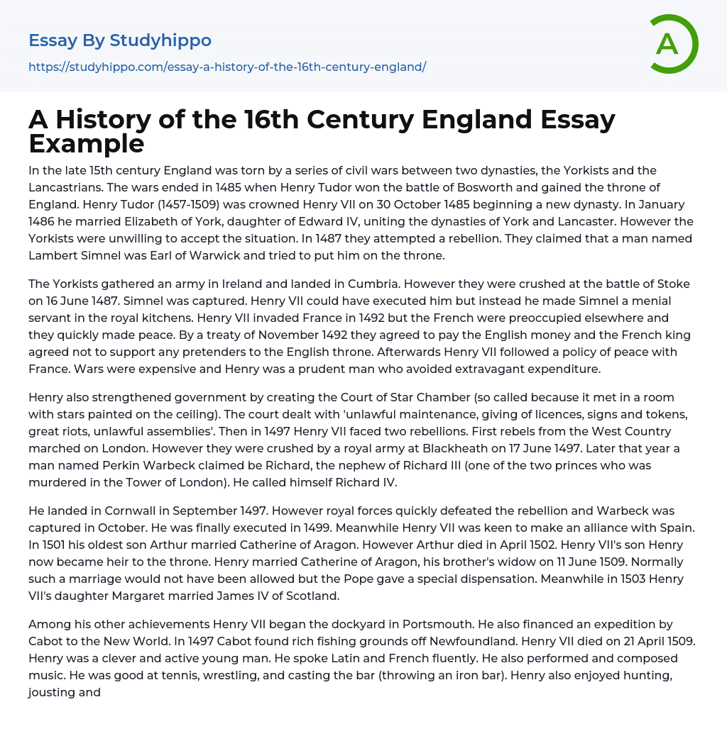 A History of the 16th Century England Essay Example