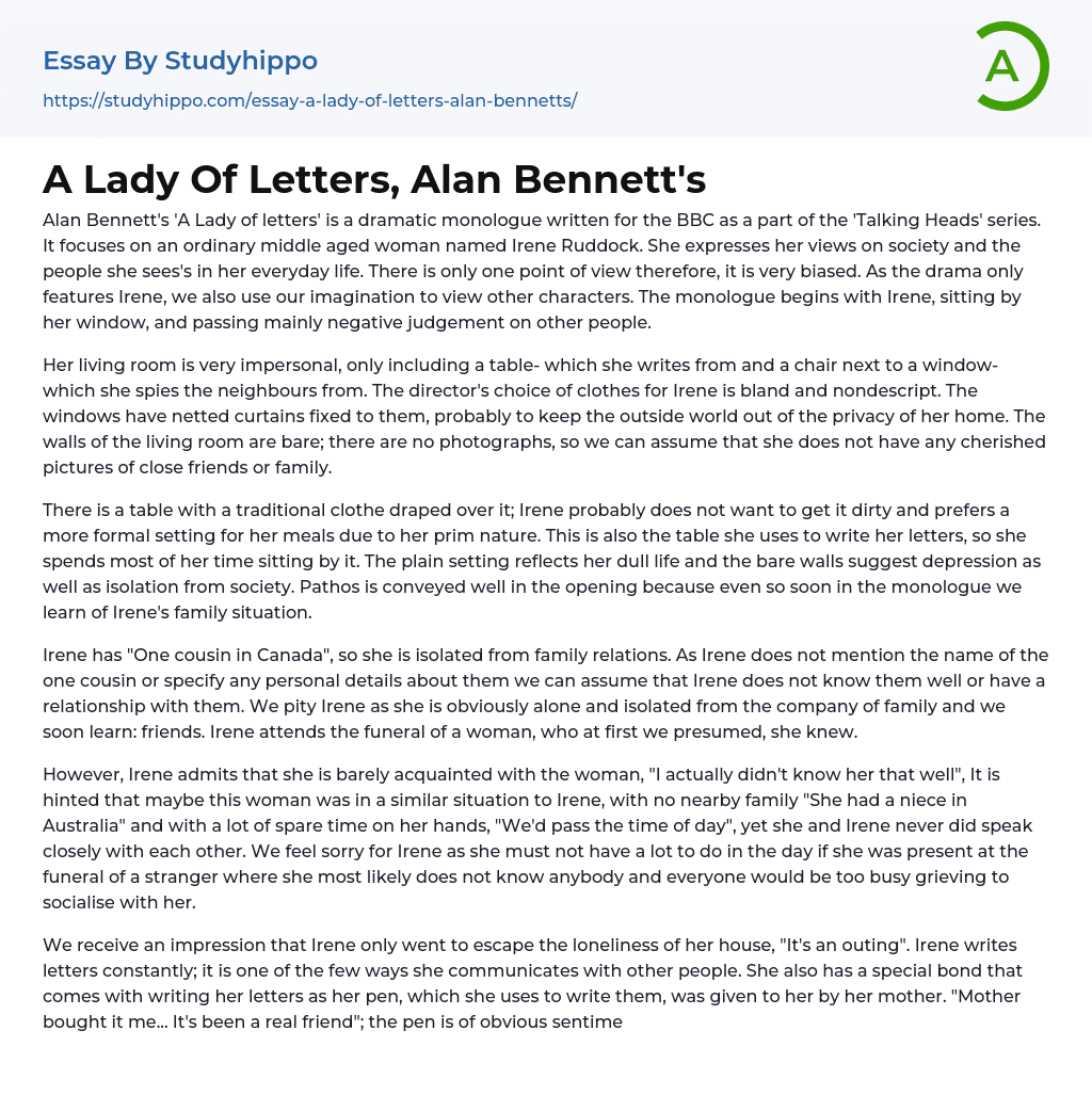 A Lady Of Letters, Alan Bennett’s Essay Example