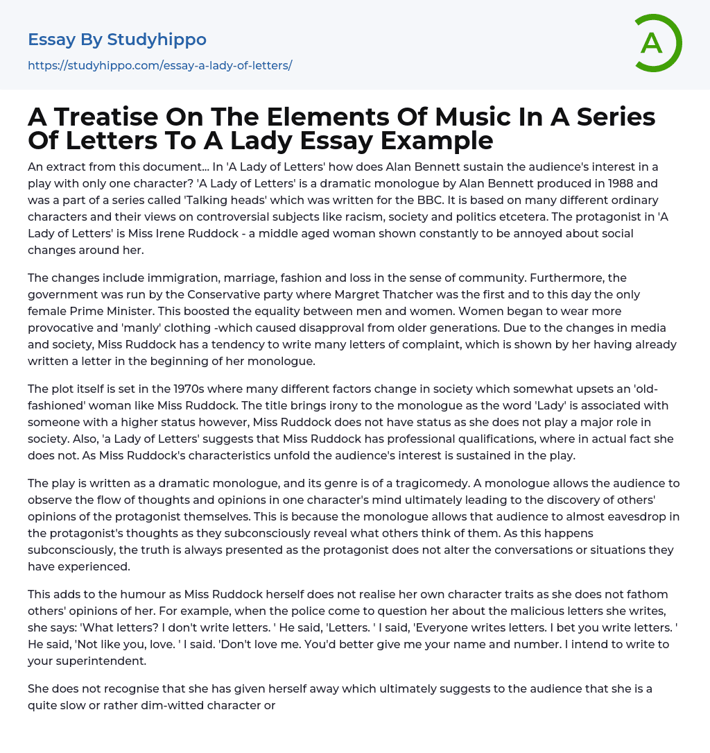 A Treatise On The Elements Of Music In A Series Of Letters To A Lady Essay Example