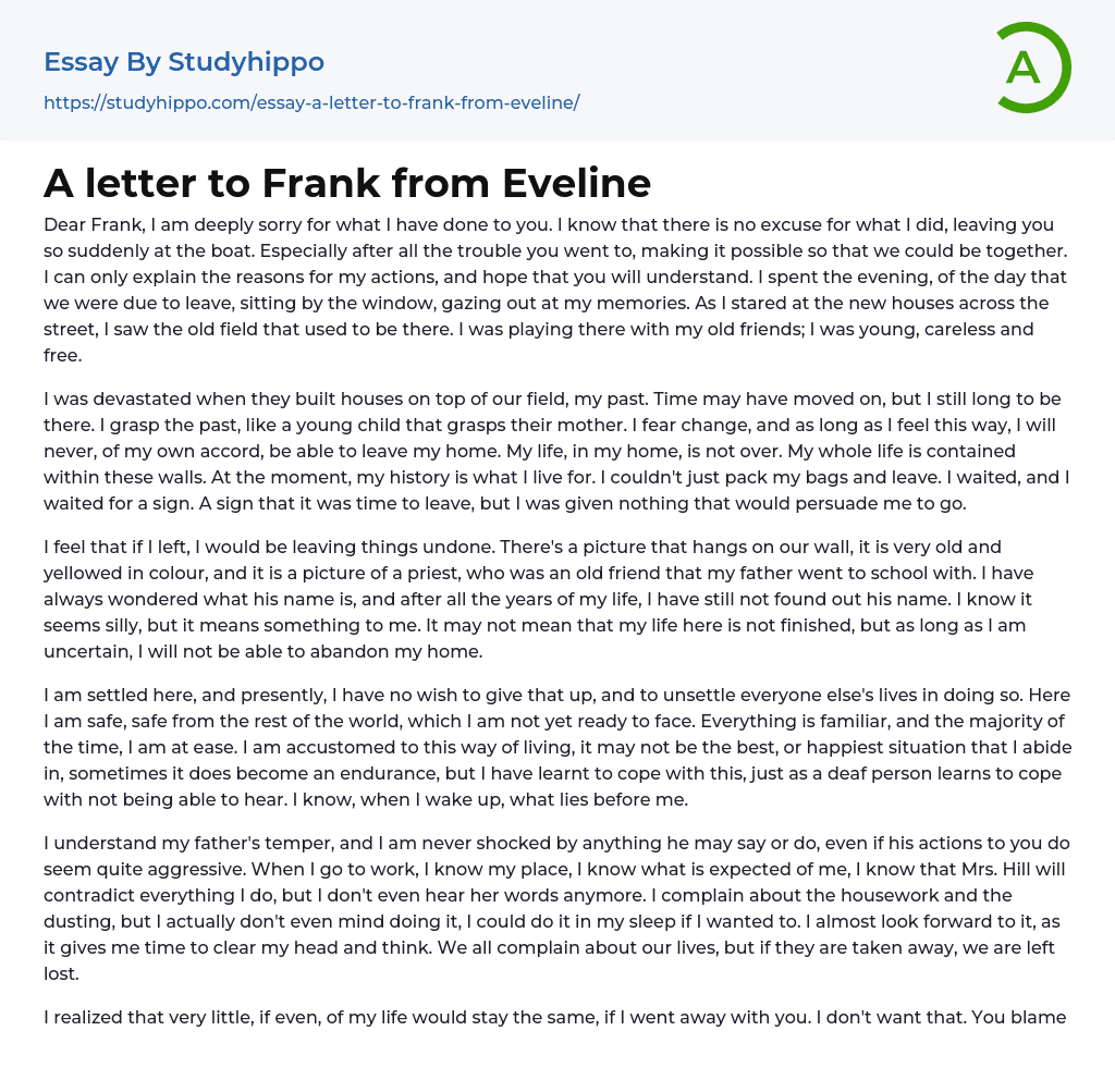 A letter to Frank from Eveline Essay Example