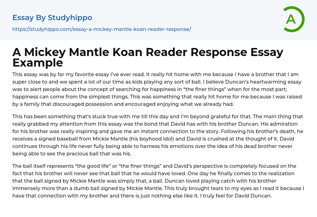 A Mickey Mantle Koan Reader Response Essay Example