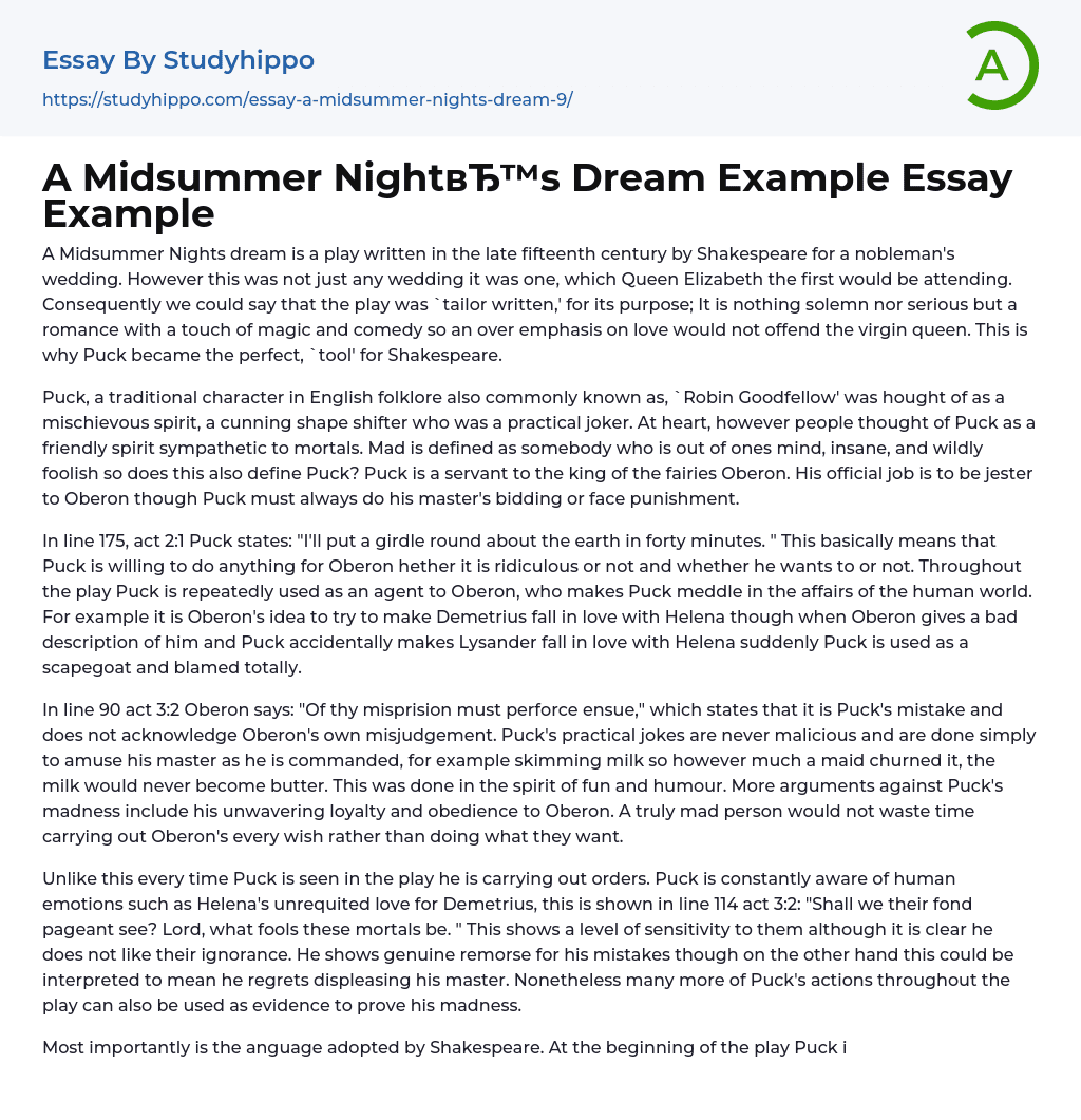 A Midsummer Night’s Dream Example Essay Example