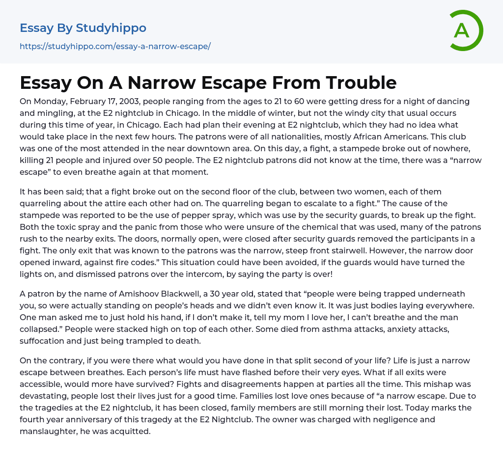 Essay On A Narrow Escape From Trouble StudyHippo