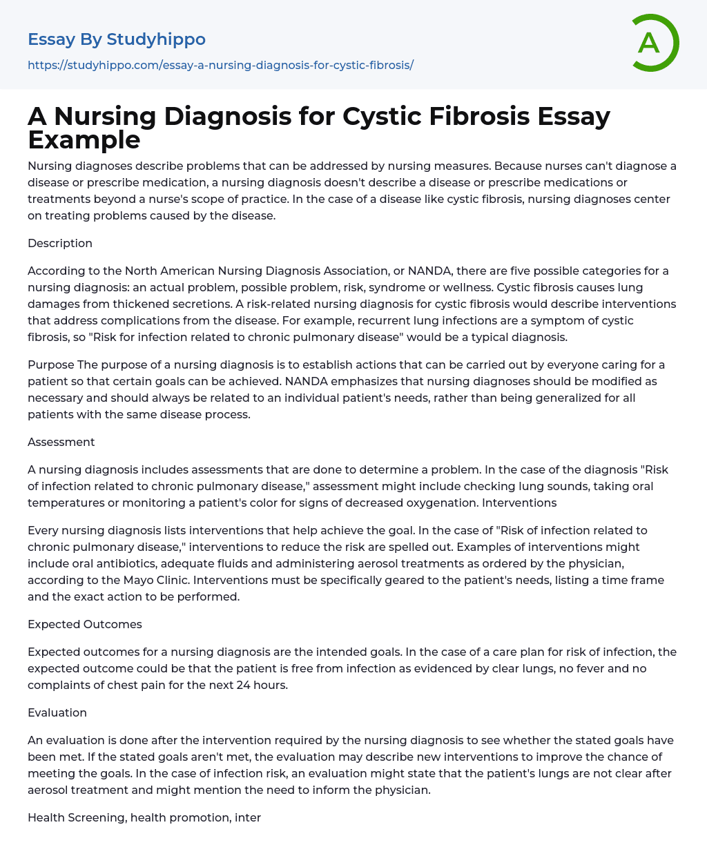 A Nursing Diagnosis for Cystic Fibrosis Essay Example