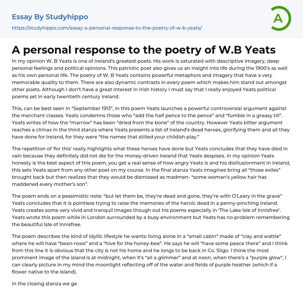 A personal response to the poetry of W.B Yeats Essay Example