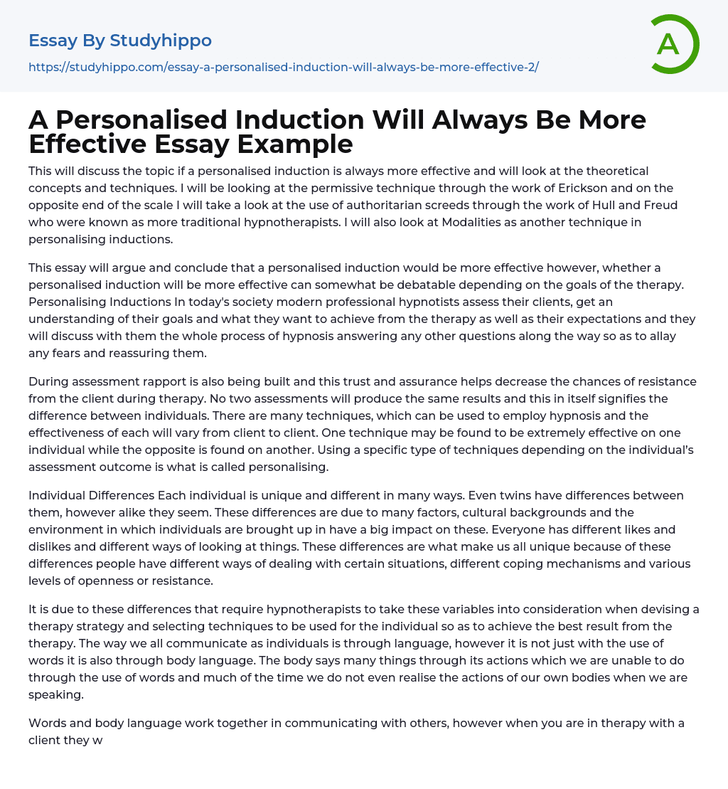 A Personalised Induction Will Always Be More Effective Essay Example