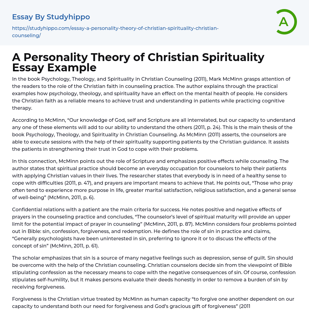 A Personality Theory of Christian Spirituality Essay Example