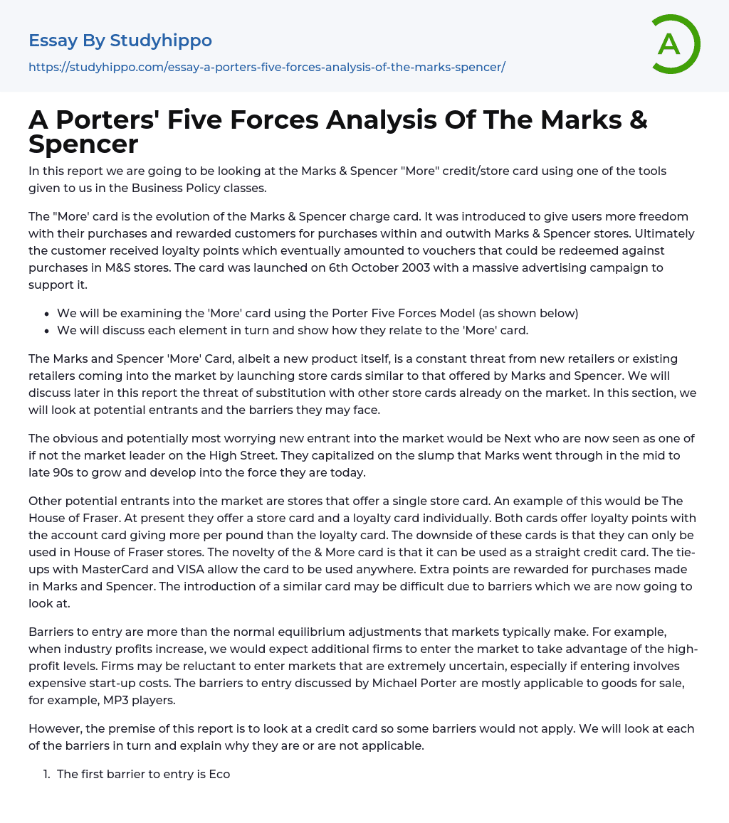 A Porters’ Five Forces Analysis Of The Marks & Spencer Essay Example