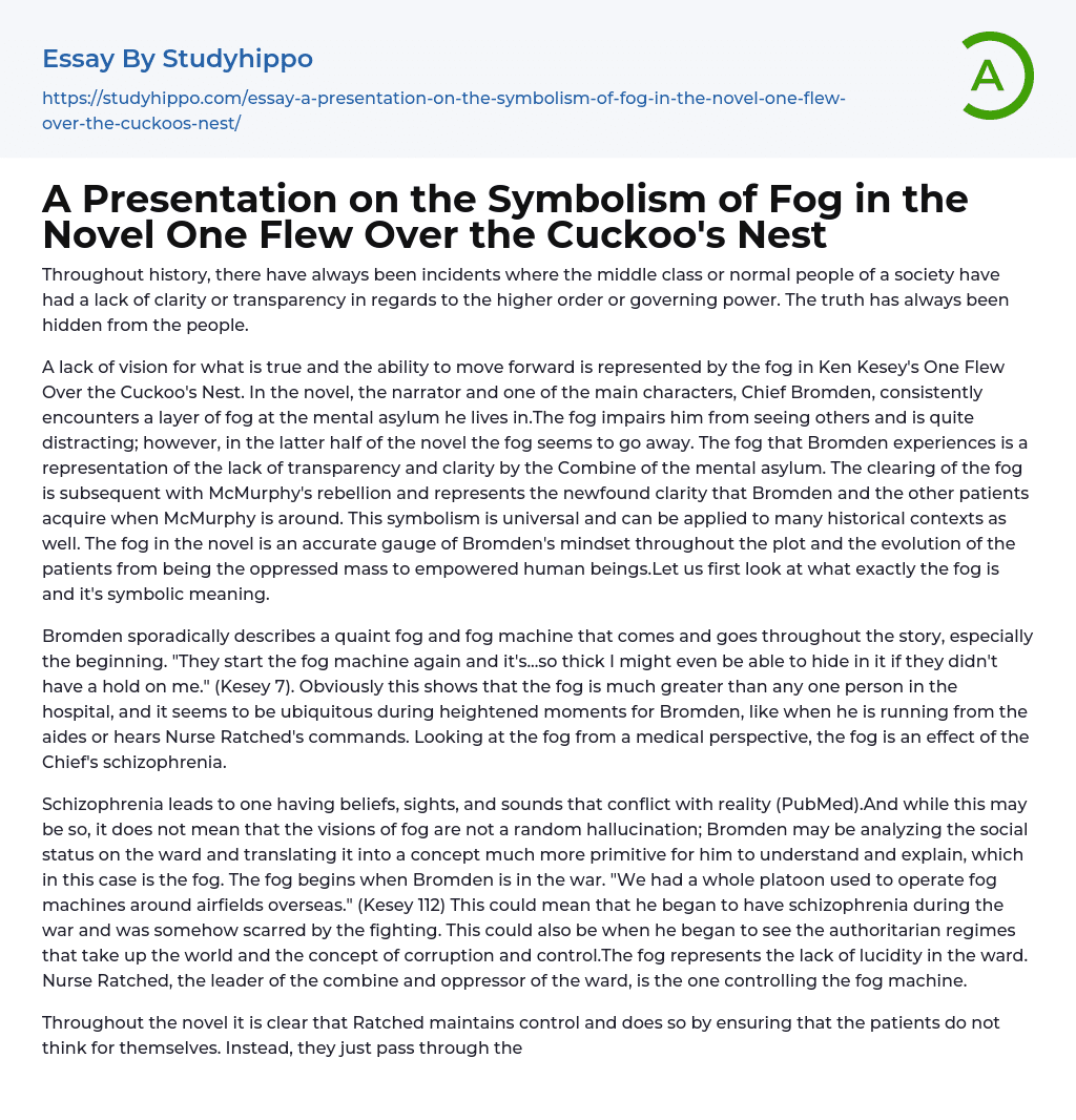 A Presentation on the Symbolism of Fog in the Novel One Flew Over the Cuckoo’s Nest Essay Example