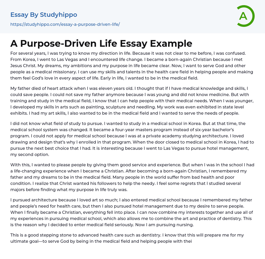 A Purpose-Driven Life Essay Example