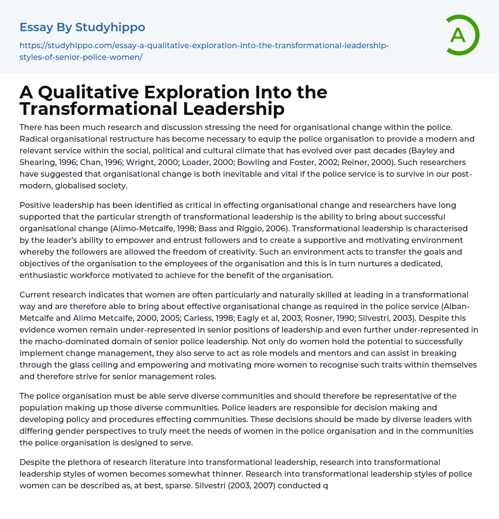 A Qualitative Exploration Into the Transformational Leadership Essay Example