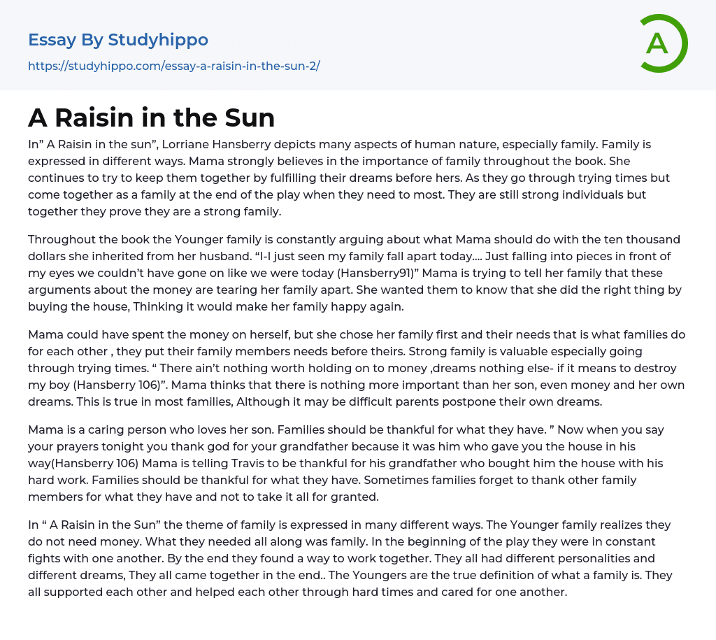 A Raisin in the Sun Essay Example