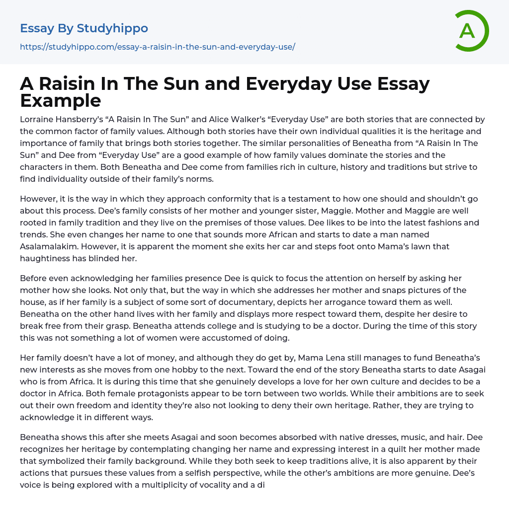 A Raisin In The Sun and Everyday Use Essay Example