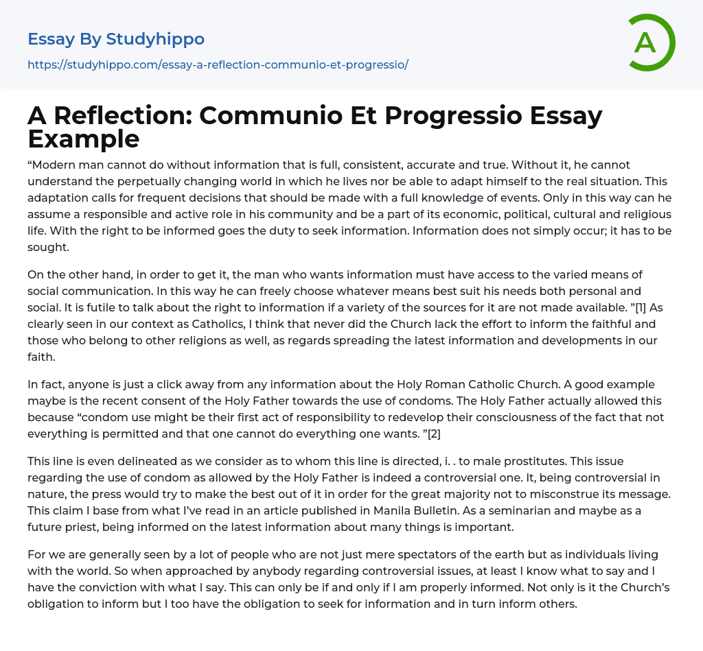 A Reflection: Communio Et Progressio Essay Example