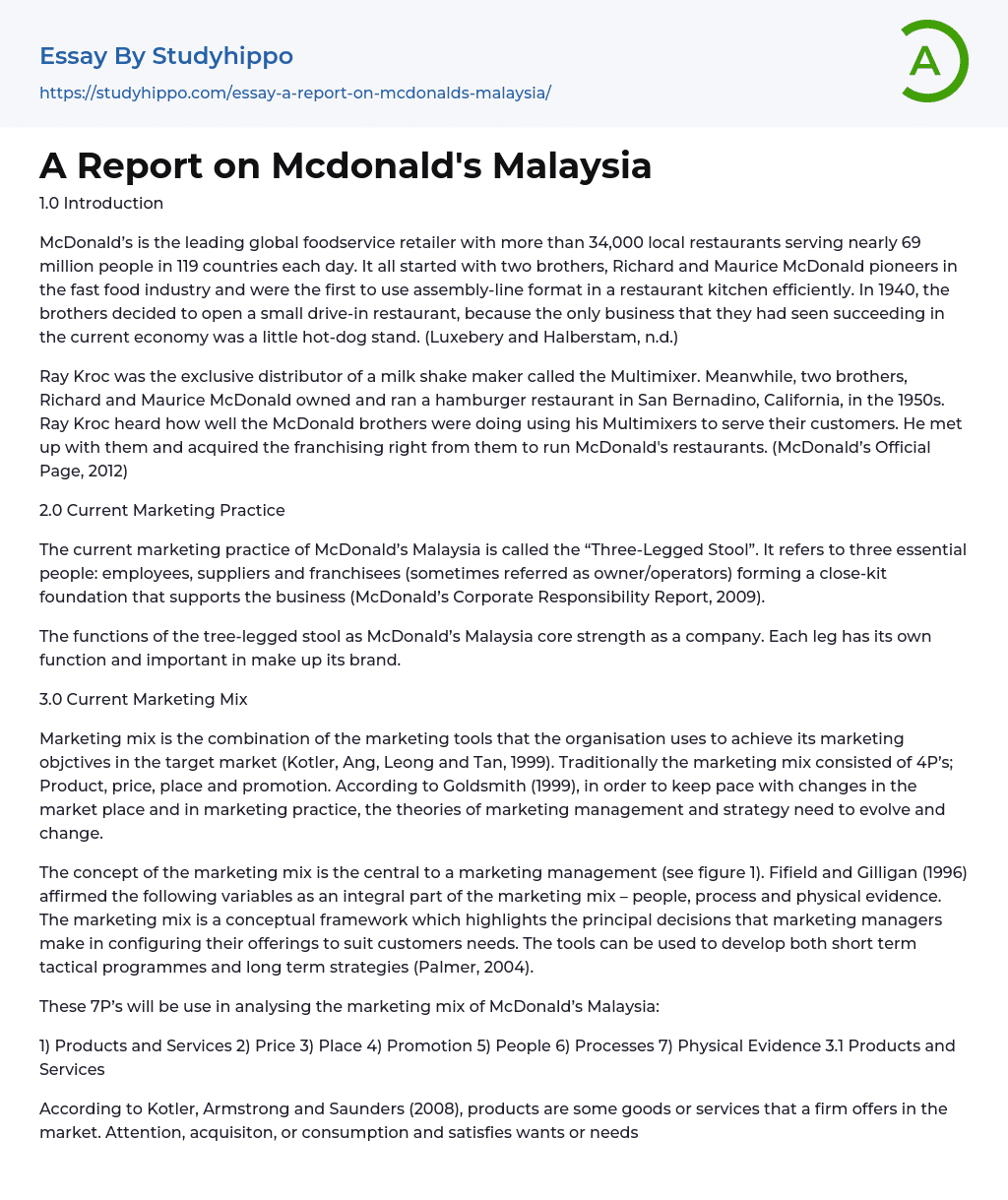 A Report on Mcdonald’s Malaysia Essay Example