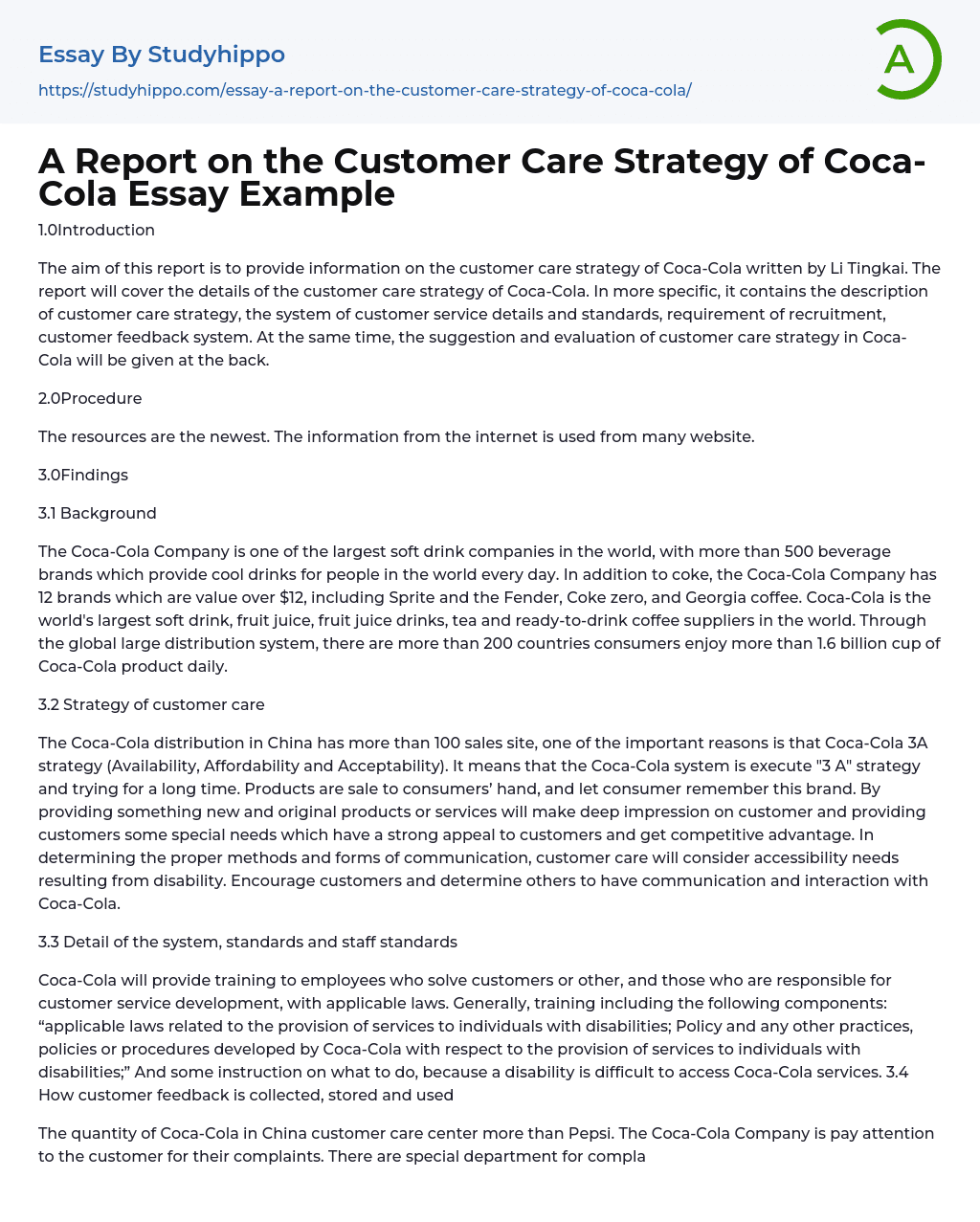 A Report on the Customer Care Strategy of Coca-Cola Essay Example
