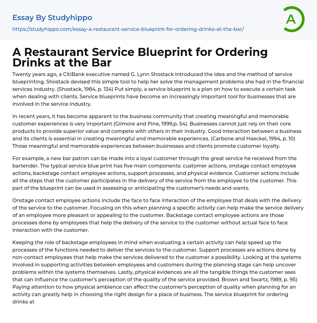 A Restaurant Service Blueprint for Ordering Drinks at the Bar Essay Example