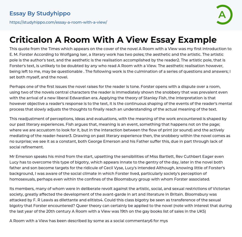 Criticalon A Room With A View Essay Example