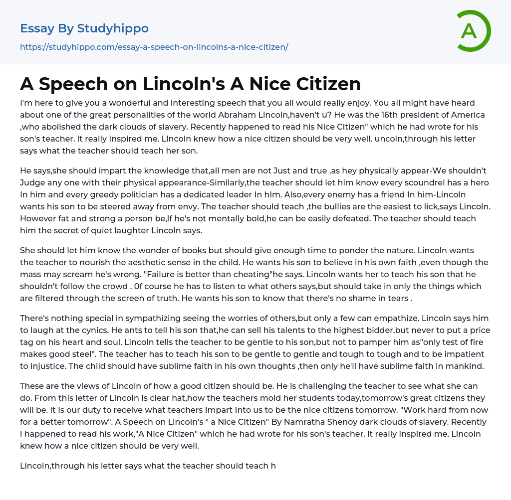 A Speech on Lincoln’s A Nice Citizen Essay Example