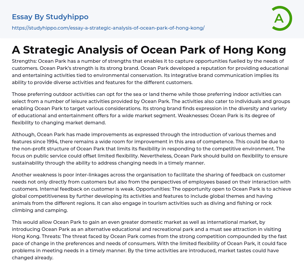 A Strategic Analysis of Ocean Park of Hong Kong Essay Example