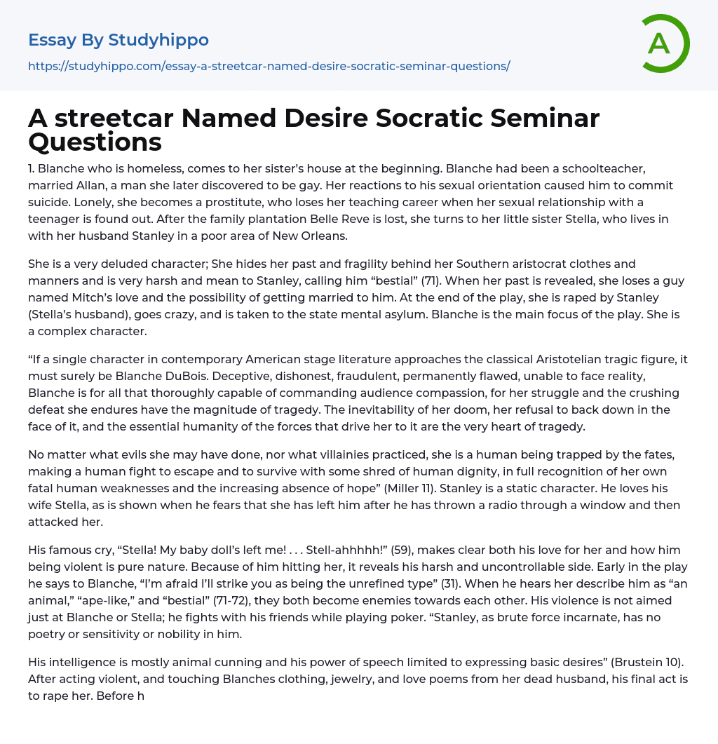 A streetcar Named Desire Socratic Seminar Questions Essay Example